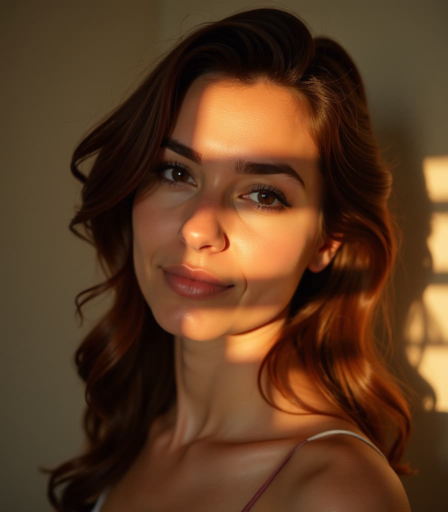  portrait shot of a woman with (light and shadow playing on her face:1.1) from window blinds, golden hour.