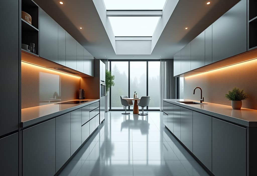  a landscape photo of a contemporary galley kitchen with a monochromatic color scheme, featuring a long countertop, hidden appliances, and a skylight hyperrealistic, full body, detailed clothing, highly detailed, cinematic lighting, stunningly beautiful, intricate, sharp focus, f/1. 8, 85mm, (centered image composition), (professionally color graded), ((bright soft diffused light)), volumetric fog, trending on instagram, trending on tumblr, HDR 4K, 8K