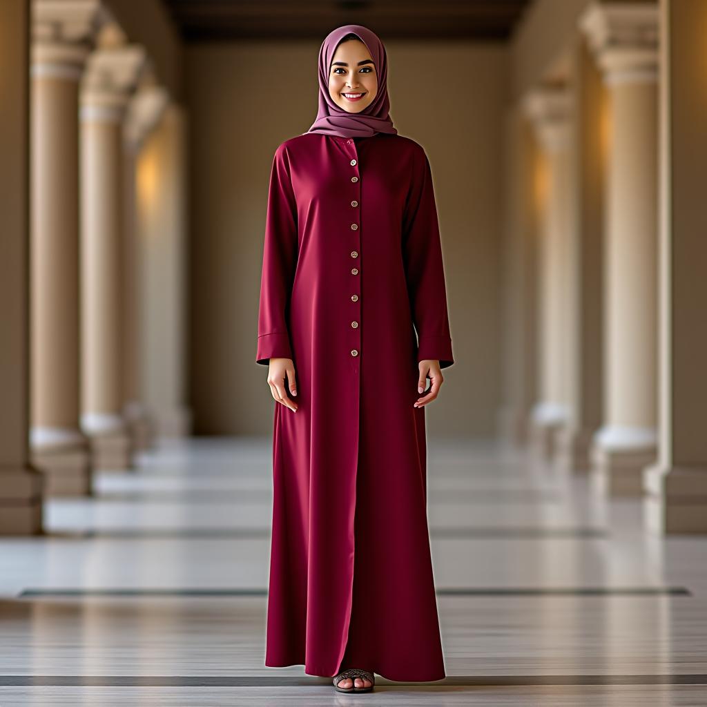  create a high resolution image of a full body woman in a ceremonial setting, posed gracefully, wearing a slim fit, lightweight, long sleeve abaya designed with a smooth, solid silk fabric in rich maroon (rgb(96,57,57)), featuring a round neckline, button closure, and a patch logo.