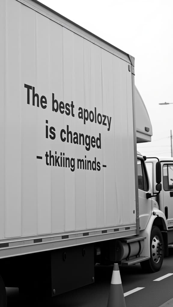  the image shows the side of a large truck, likely a moving truck or a delivery vehicle, with a message written on it in bold, uppercase black letters. the text reads: "the best apology is changed behavior." below this main text, in smaller, uppercase letters, there is a phrase that reads: "thinking minds." the photo is in black and white, and the truck is parked in an outdoor setting. there is another truck visible in the background, partially obscured by the first one. in the foreground, there is a traffic cone on the ground. the overall atmosphere is calm and neutral, with a focus on the message displayed on the truck.