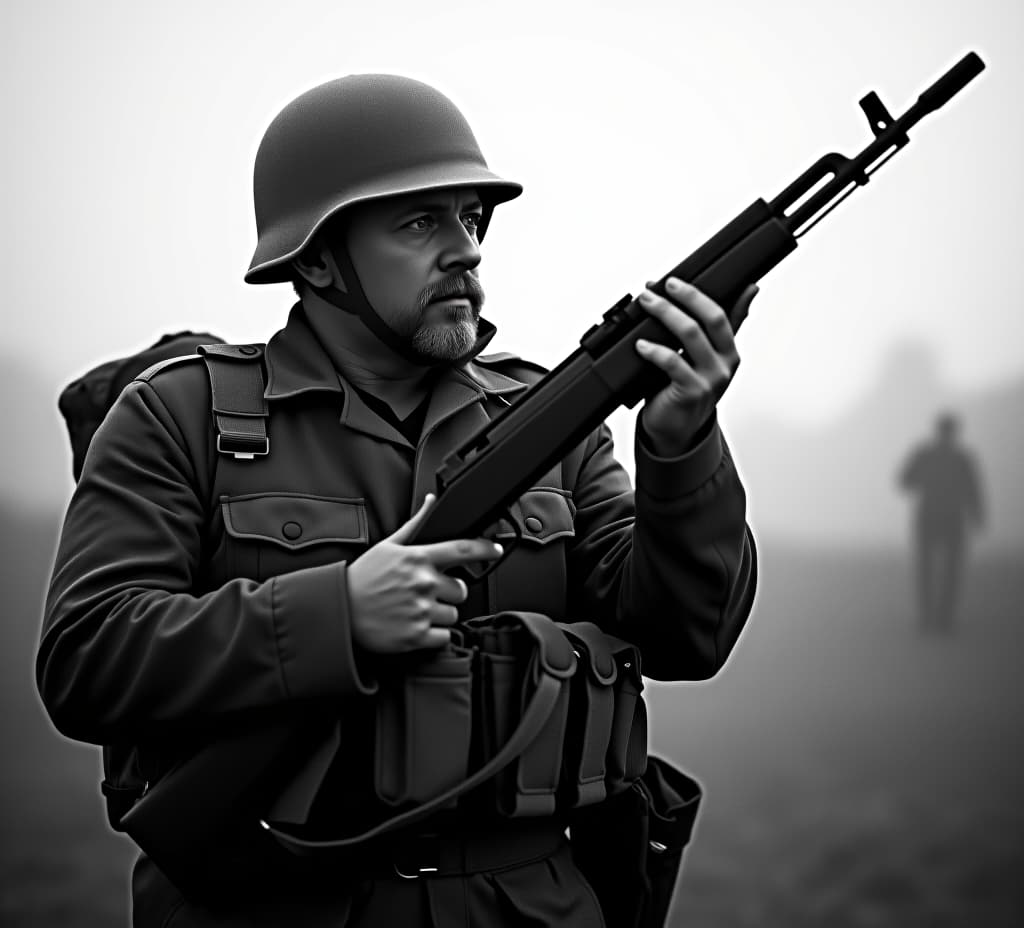  a man in a military uniform is holding a rifle. the image is black and white and has a mood of war and conflict