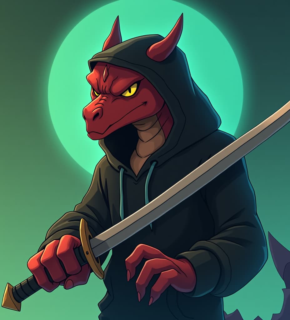  an anime menacing looking red skinned humanoid dragon with yellow eyes wearing a black hoodie and wielding a sword in front of a cyan to green fade background