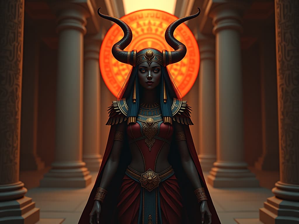  ancient egyptian goddess isis, regal and majestic, elaborate headpiece with solar disc and horns, standing in an ancient temple, mystical, reverent presence. the style is dark fantasy and mysterious occult, enigmatic, symbolic, moody lighting, esoteric vibe,high detail on character design. for the color scheme emphasize blacks and reds.