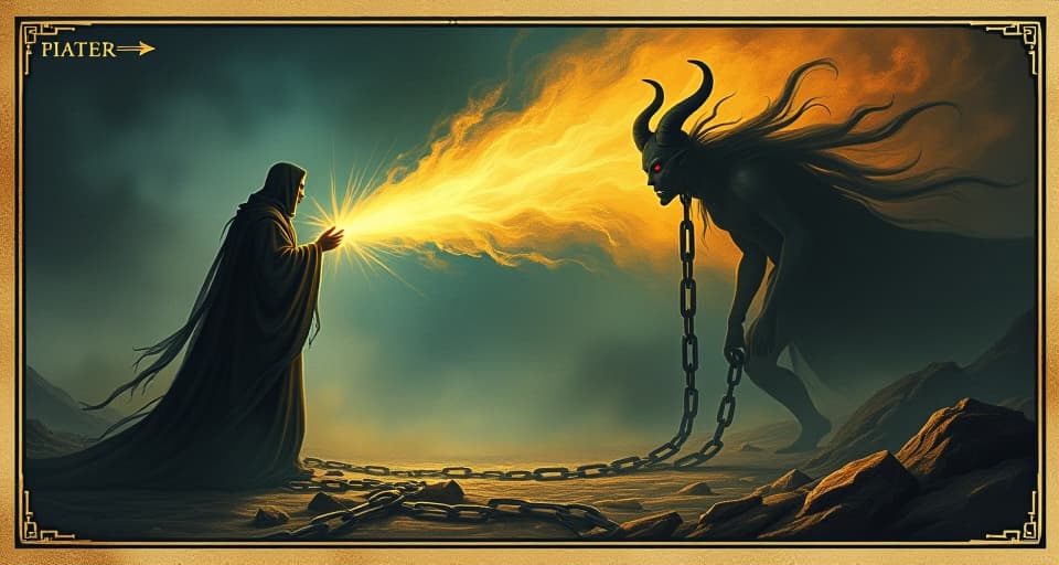  a solitary figure emitting powerful light, shadowy figure of satan cowering, symbolic chain shattering, fear, confrontation. an illustration in the style of a worn, mystical old tarot trump card, mysterious and elements of surrealism. the colors are muted, somber and eerie, but with contrast bring out an occult and esoteric vibe.