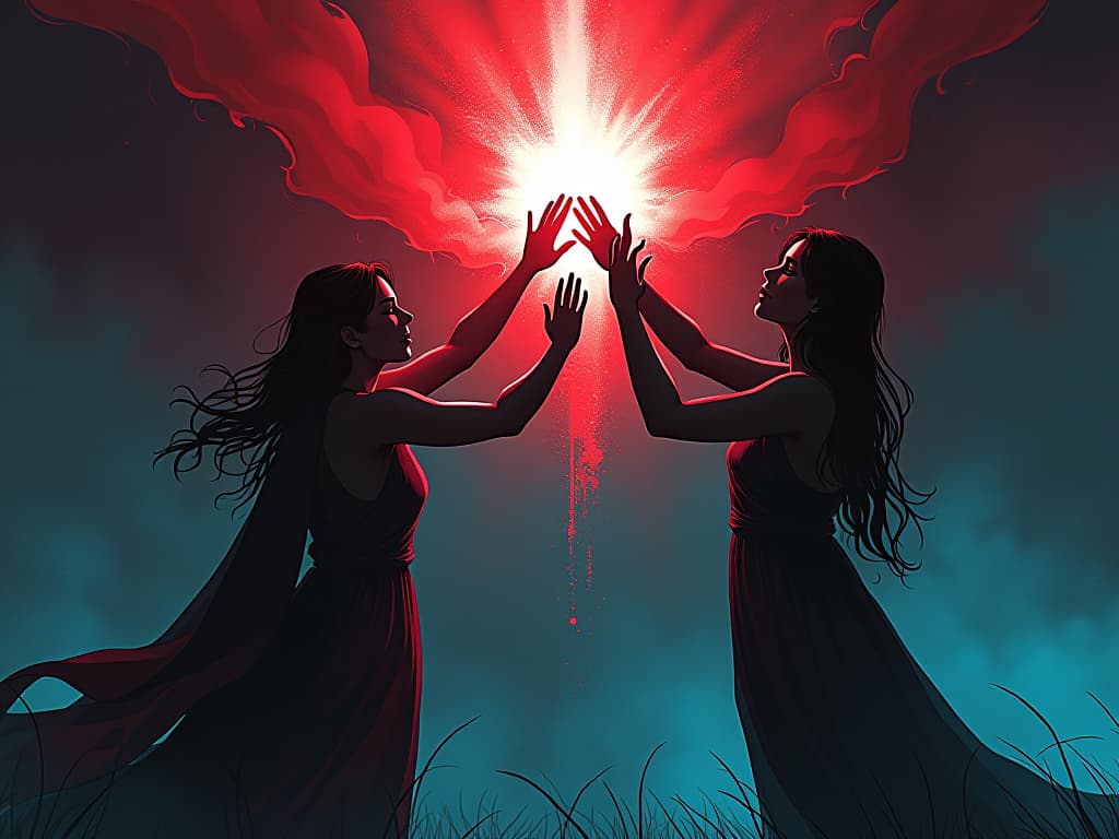  crimson and azure ethereal figures, stretching hands towards a radiant being, desperate to reclaim stolen light, atmosphere of persistent yearning. the style is digital art illustration / modern comic book / graphic dark novel fantasy and mysterious occult, symbolic, moody lighting, esoteric vibe,high detail on character design. for the color scheme emphasize blacks and reds.