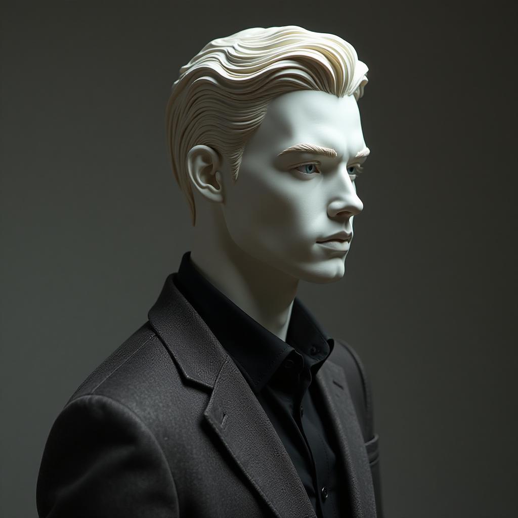  a mannequin with masculine facial features, aesthetics. hyperrealistic, full body, detailed clothing, highly detailed, cinematic lighting, stunningly beautiful, intricate, sharp focus, f/1. 8, 85mm, (centered image composition), (professionally color graded), ((bright soft diffused light)), volumetric fog, trending on instagram, trending on tumblr, HDR 4K, 8K