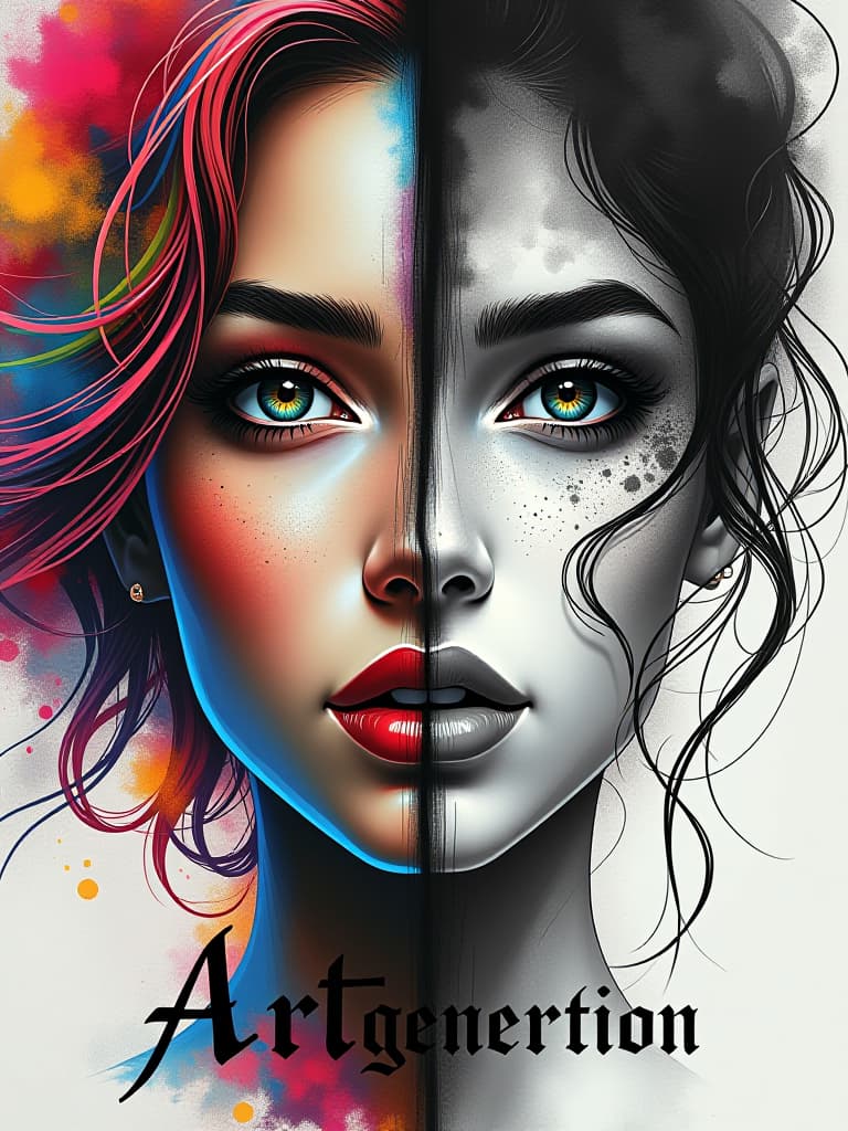  (masterpiece, diptych art:1.4), split in half, left side: (vividly colorful woman's face:1.3), photorealistic features, (radiant multi hued hair:1.2), expressive, soulful eyes that reflect emotion, swirling patterns of color surrounding her, right side: (monochromatic woman's face:1.3), created with an artistic splattering of ink, stark contrasts, (delicate line work:1.1), highlighting the contours of her face, bottom center, bold text “artgeneration” in capital letters, gothic font calligraphy, (surrealism art:1.2), a fusion of two worlds, evoking thought and introspection, rich textures, harmonious yet dissonant composition, captivating visual storytelling. hyperrealistic, full body, detailed clothing, highly detailed, cinematic lighting, stunningly beautiful, intricate, sharp focus, f/1. 8, 85mm, (centered image composition), (professionally color graded), ((bright soft diffused light)), volumetric fog, trending on instagram, trending on tumblr, HDR 4K, 8K