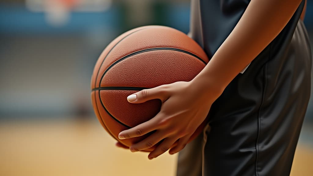  basketball player is holding basketball ball on a court, close up photo