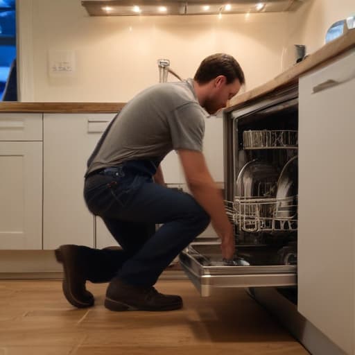 A photo of a plumber installing a dishwasher in a modern kitchen during the early evening with warm, soft ambient lighting filtering through the window, casting subtle shadows around the room.