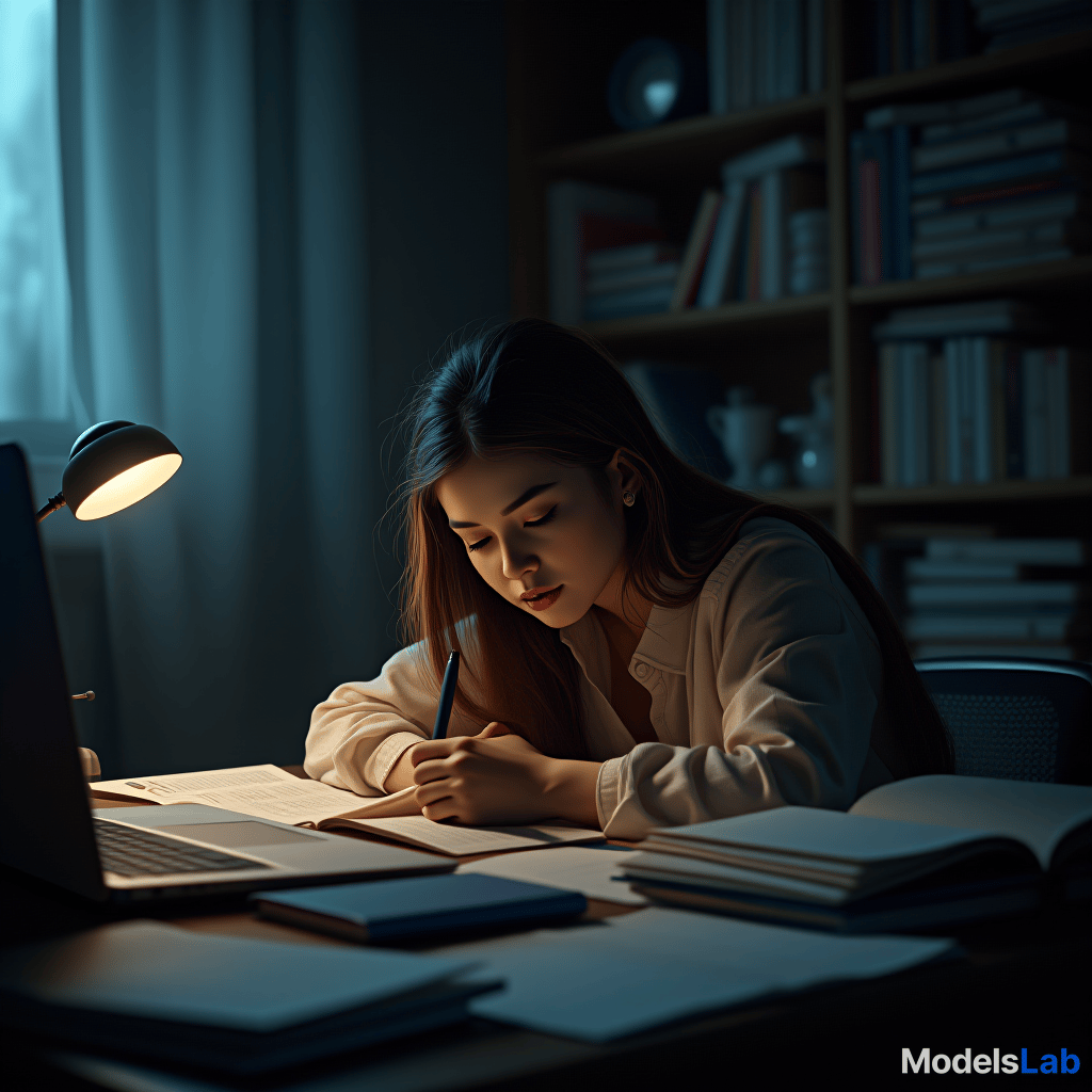  a quiet, dimly lit room at night with a desk cluttered with textbooks, notes, and a glowing laptop. a tired student, maya, stares at her notes while the clock shows midnight hyperrealistic, full body, detailed clothing, highly detailed, cinematic lighting, stunningly beautiful, intricate, sharp focus, f/1. 8, 85mm, (centered image composition), (professionally color graded), ((bright soft diffused light)), volumetric fog, trending on instagram, trending on tumblr, HDR 4K, 8K