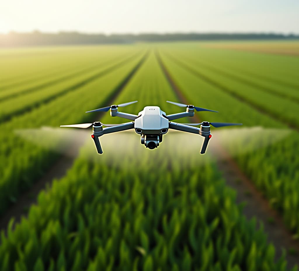  drone in flight, spraying crops in a large field with precision and efficiency in a modern farming environment.