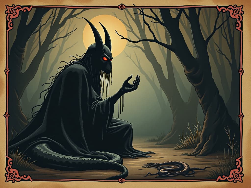  shadow whispering with malevolent intent, dark and serpentine, eerie quiet, unsettling presence. an illustration in the style of a worn, mystical old tarot trump card, mysterious and elements of surrealism. the colors are muted, somber and eerie, but with contrast bring out an occult and esoteric vibe.