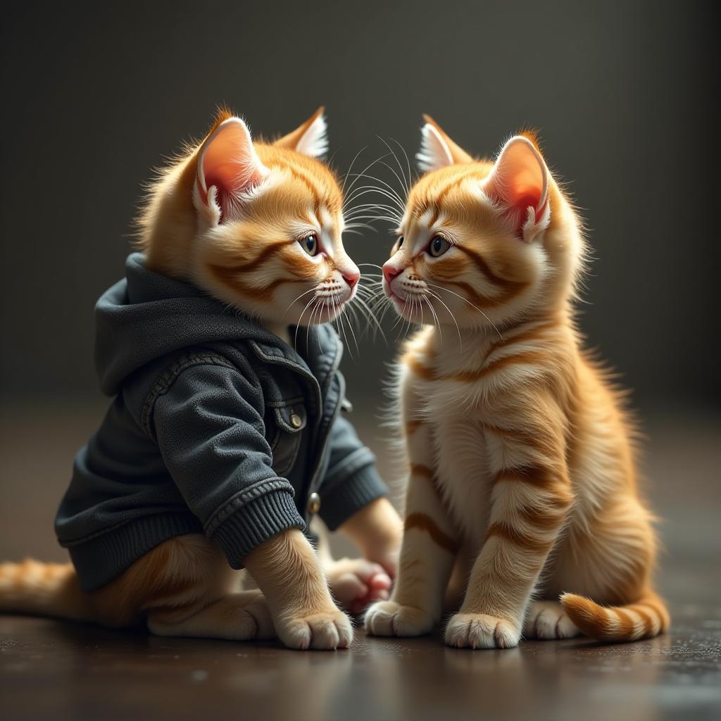  a person came to the two kittens and took one away, and the ginger kitten cried. hyperrealistic, full body, detailed clothing, highly detailed, cinematic lighting, stunningly beautiful, intricate, sharp focus, f/1. 8, 85mm, (centered image composition), (professionally color graded), ((bright soft diffused light)), volumetric fog, trending on instagram, trending on tumblr, HDR 4K, 8K