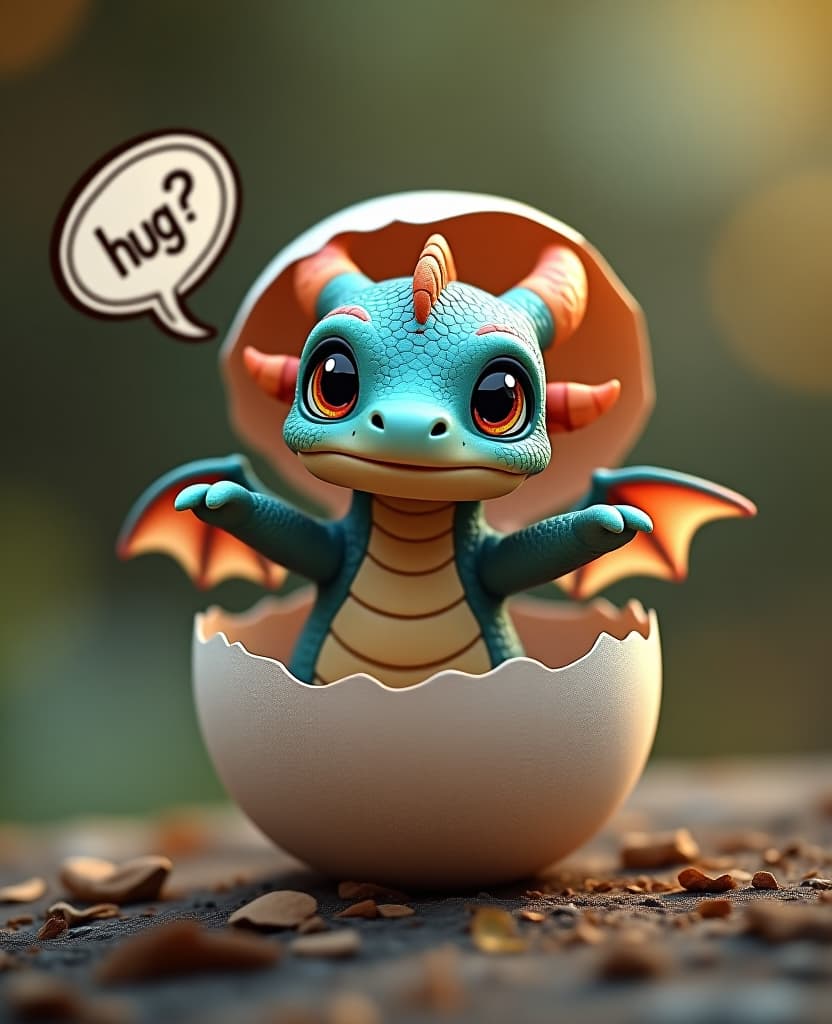  the picture captures the moment when a chibi dragon hatches from an egg, the head looks out of the top of the egg, the shell is on his head, the dragon looks super cute at the viewer, above him is a speech bubble with the inscription "hug ?", cuteness overload, its scales have rainbow colors, the dragon stretches its arms out to the viewer hyperrealistic, full body, detailed clothing, highly detailed, cinematic lighting, stunningly beautiful, intricate, sharp focus, f/1. 8, 85mm, (centered image composition), (professionally color graded), ((bright soft diffused light)), volumetric fog, trending on instagram, trending on tumblr, HDR 4K, 8K