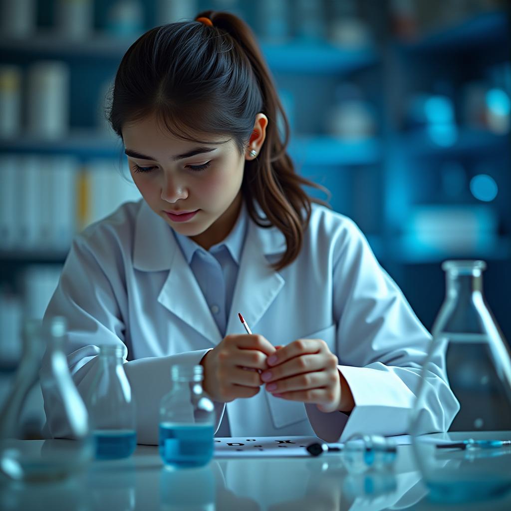  a girl scientist is studying formulas.