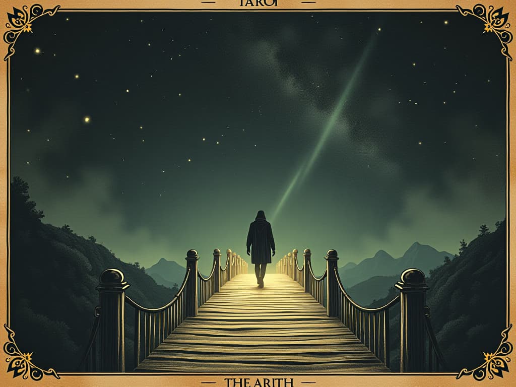  a lone figure crossing a luminescent bridge, trail of light following them, background of a starry night, atmosphere of determination and clarity. an illustration in the style of a worn, mystical old tarot trump card, mysterious and elements of surrealism. the colors are muted, somber and eerie, but with contrast bring out an occult and esoteric vibe.