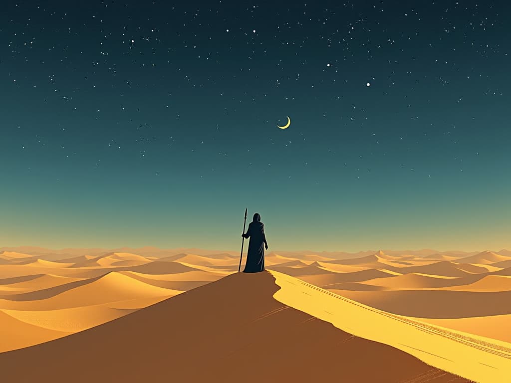  a vast, tranquil desert landscape under a star filled sky, with a solitary figure standing atop a golden dune, waves of sand mirroring the waves of emotion and solitude. the style is digital art illustration / modern comic book / mysterious occult, symbolic, esoteric vibe,high detail on character design, incorporating ancient egyptian symbology and attire.