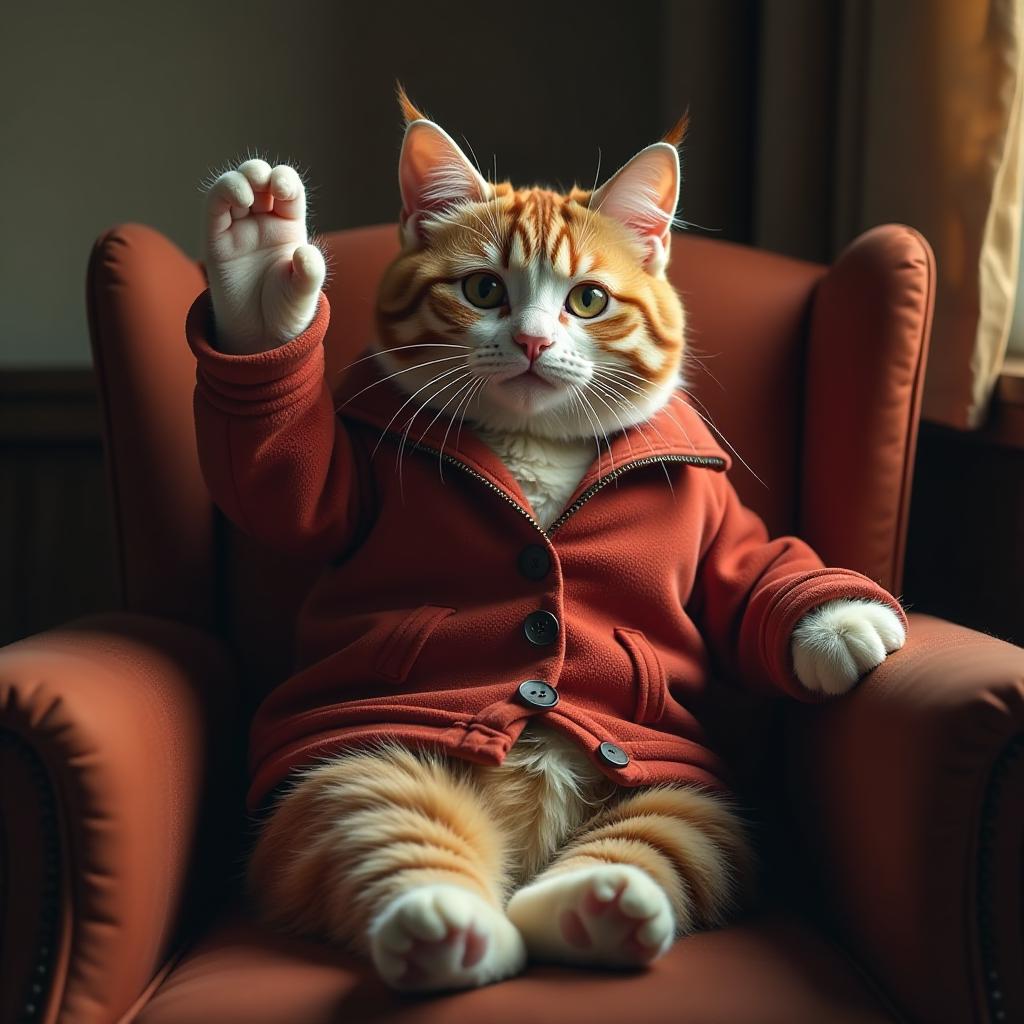  a cat is sitting on a chair, raising his right hand and saying hi, found background hyperrealistic, full body, detailed clothing, highly detailed, cinematic lighting, stunningly beautiful, intricate, sharp focus, f/1. 8, 85mm, (centered image composition), (professionally color graded), ((bright soft diffused light)), volumetric fog, trending on instagram, trending on tumblr, HDR 4K, 8K