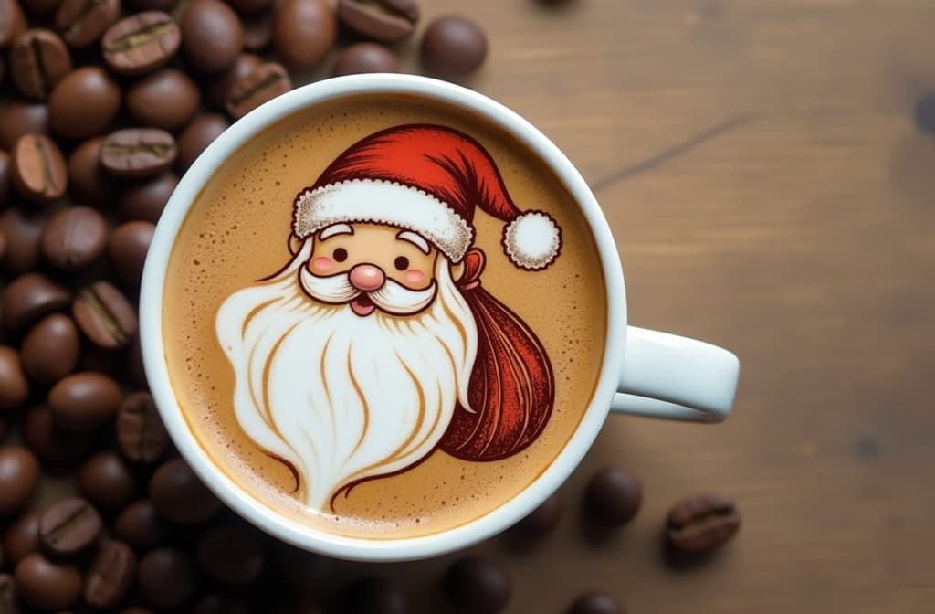  cup of coffee, top view, on the coffee the drawing is made in brown color santa claus with a bag in a red hat with a white pom pom, around the cup on the bar counter coffee beans are scattered, to the right of the cup there is a lot of free space for text {prompt}, maximum details