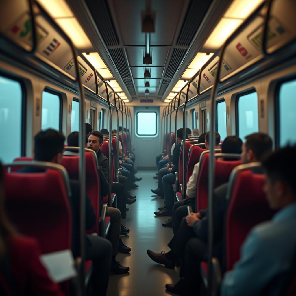  train full of passengers with $stelai written on it. hyperrealistic, full body, detailed clothing, highly detailed, cinematic lighting, stunningly beautiful, intricate, sharp focus, f/1. 8, 85mm, (centered image composition), (professionally color graded), ((bright soft diffused light)), volumetric fog, trending on instagram, trending on tumblr, HDR 4K, 8K