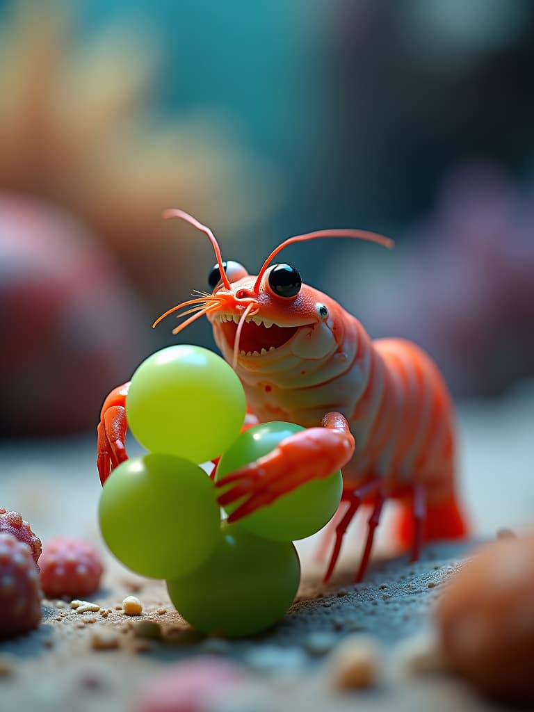  a colorless shrimp on the seabed smiles happily while eating big green grapes. cartoon style. colorful. fantastic. firooze hyperrealistic, full body, detailed clothing, highly detailed, cinematic lighting, stunningly beautiful, intricate, sharp focus, f/1. 8, 85mm, (centered image composition), (professionally color graded), ((bright soft diffused light)), volumetric fog, trending on instagram, trending on tumblr, HDR 4K, 8K