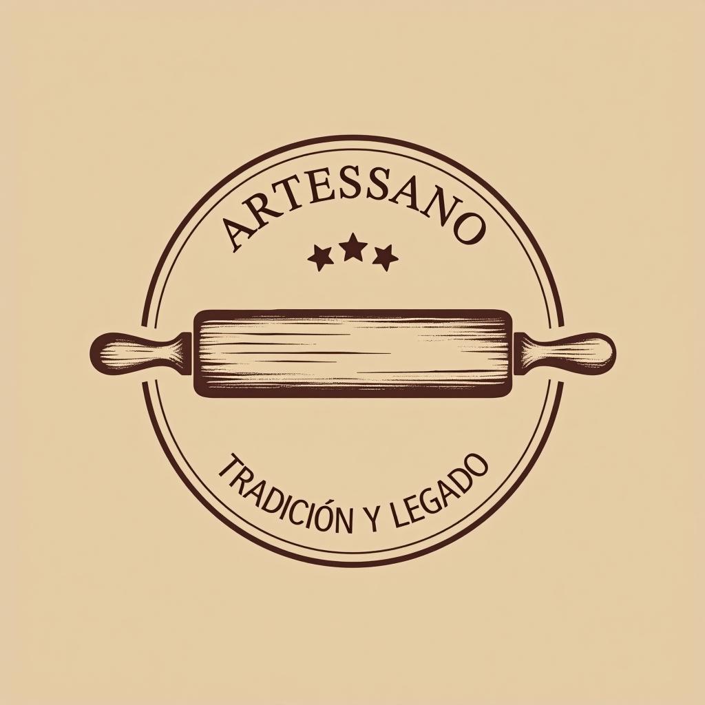  design a logo, in a pencil style. brand: “artessano” simple and elegant design circular design light and brown tones use a rolling pin image, with the text 'tradición y legado'.