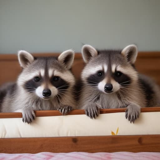 Two loved up raccoons in a bed