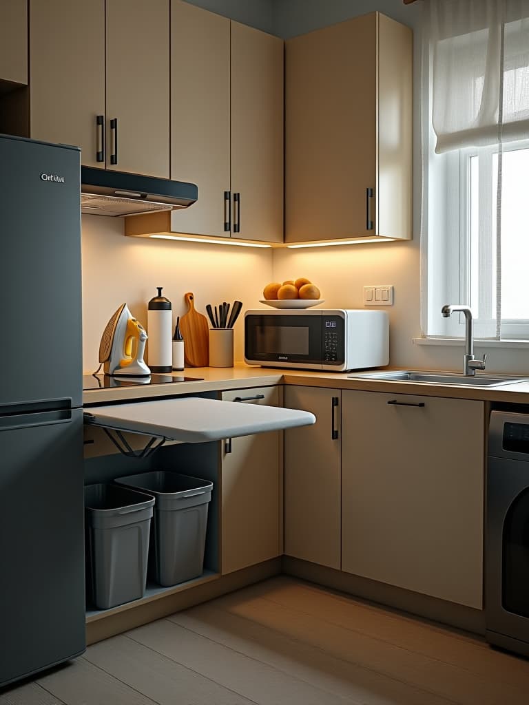  high quality portrait photo of a corner of a small kitchen showcasing a multi functional appliance station with a fold out ironing board, hidden trash bins, and a compact coffee nook hyperrealistic, full body, detailed clothing, highly detailed, cinematic lighting, stunningly beautiful, intricate, sharp focus, f/1. 8, 85mm, (centered image composition), (professionally color graded), ((bright soft diffused light)), volumetric fog, trending on instagram, trending on tumblr, HDR 4K, 8K