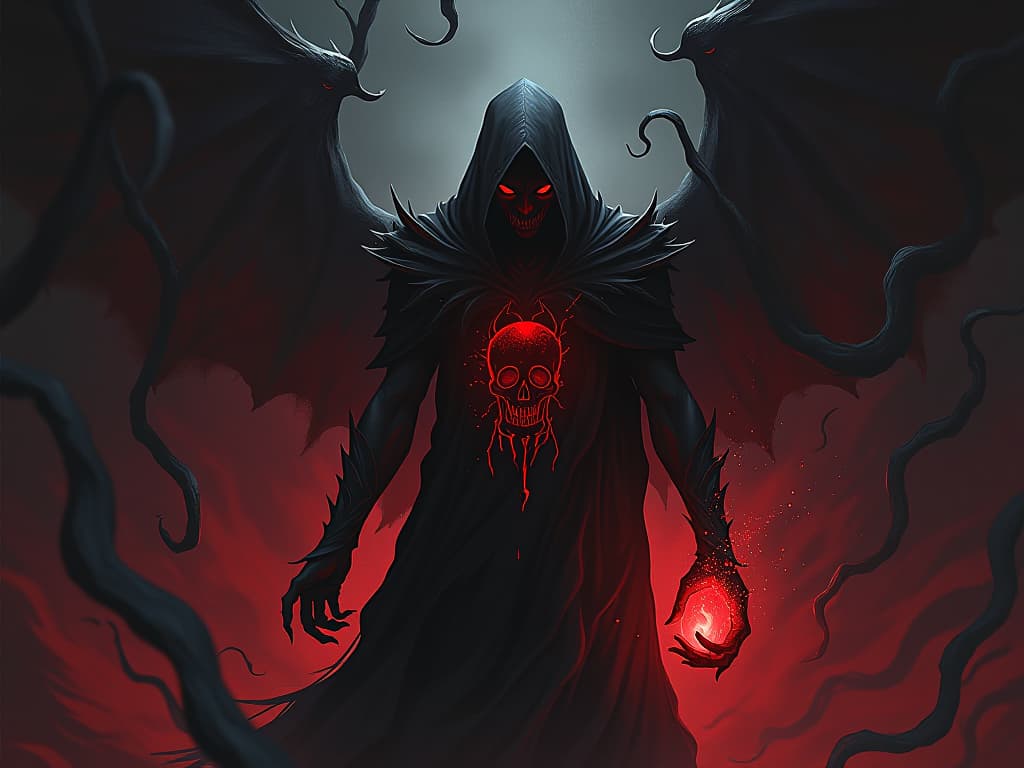  character surrounded by dark tendrils of fear, holding onto faint light, constant state of vigilance and dread. the style is dark fantasy and mysterious occult, symbolic, moody lighting, esoteric vibe,high detail on character design. for the color scheme emphasize blacks and reds.