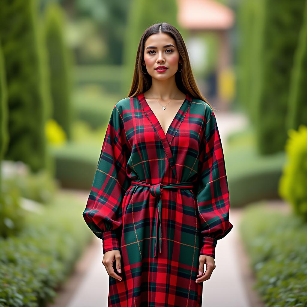  create a full body image of a woman standing elegantly in a lush garden, wearing a slim fit kaftan with long sleeves and a v neck, featuring a plaid fabric design in vibrant red and teal green colors, with a luxurious satin texture and finish.