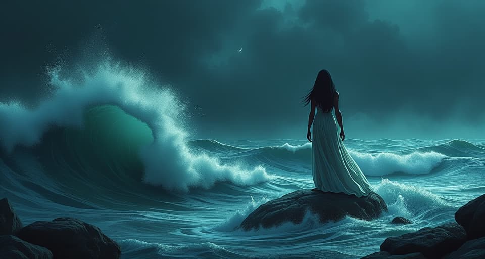  a dark, stormy sea with turbulent waves threatening to engulf a large busted figure in a tight, clinging dress, standing on a small rock, symbolizing being overwhelmed by grief. the style is digital art illustration / modern comic book / mysterious occult, symbolic, esoteric vibe,high detail on character design, incorporating ancient egyptian symbology and attire.