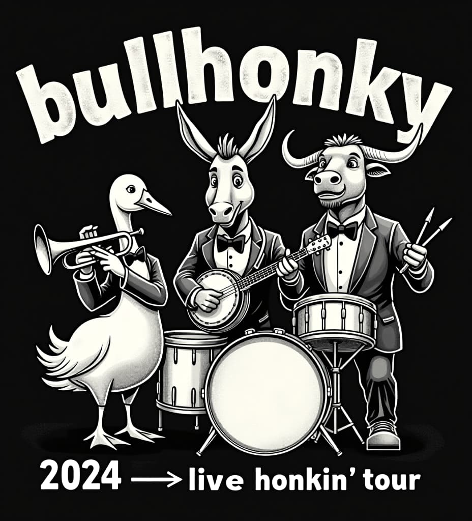  a retro styled, distressed black and white vector style logo for a band. there is a goose playing a trumpet, a donkey playing banjo, and a bull holding drumsticks and playing the drums. they are all wearing tuxedos. they should not be standing in front of each other. they all need to be looking up, and to the left the words "bullhonky" above them in a retro typeface, and "2024 live honkin' tour" below in smaller letters