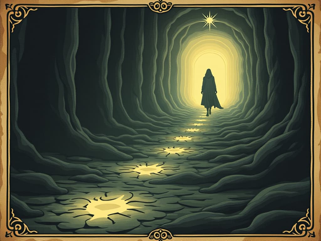  footsteps, glowing imprints on the ground, divine light illuminating each step, celestial guardians hovering close, vigilant, guiding, safeguarding. an illustration in the style of a worn, mystical old tarot trump card, mysterious and elements of surrealism. the colors are muted, somber and eerie, but with contrast bring out an occult and esoteric vibe.