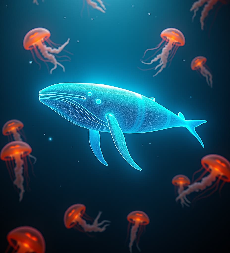  underwater view of a huge fantastical glowing transparent glass whale swimming in the ocean. surrounded by glowing jellyfish.