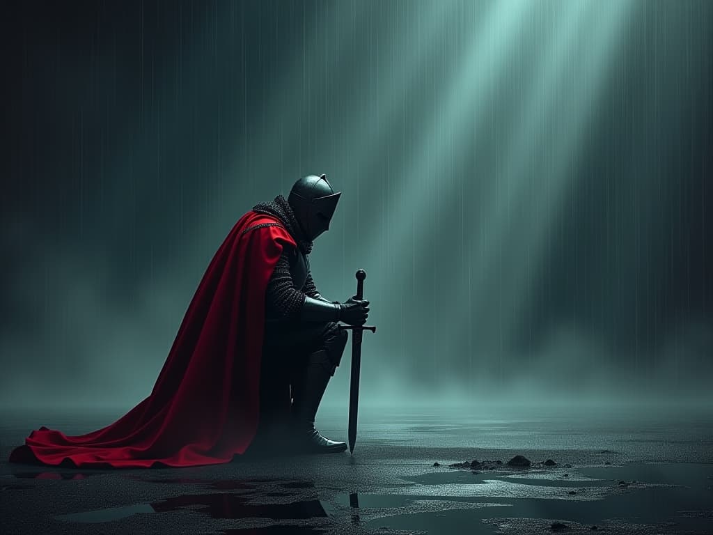  a knight kneeling in the rain, bent sword, sense of penance, sorrow.. the style is dark fantasy and mysterious occult, symbolic, moody lighting, esoteric vibe,high detail on character design. for the color scheme emphasize blacks and reds.