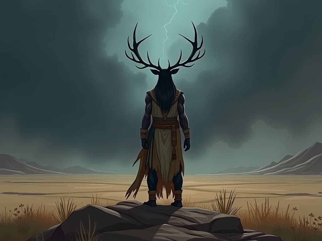  black elk, dressed in traditional native american attire, standing alone in a vast landscape, sky dark with storm clouds, vision quest energy. the style is digital art illustration / modern comic book / mysterious occult, symbolic, esoteric vibe,high detail on character design, incorporating ancient egyptian symbology and attire.