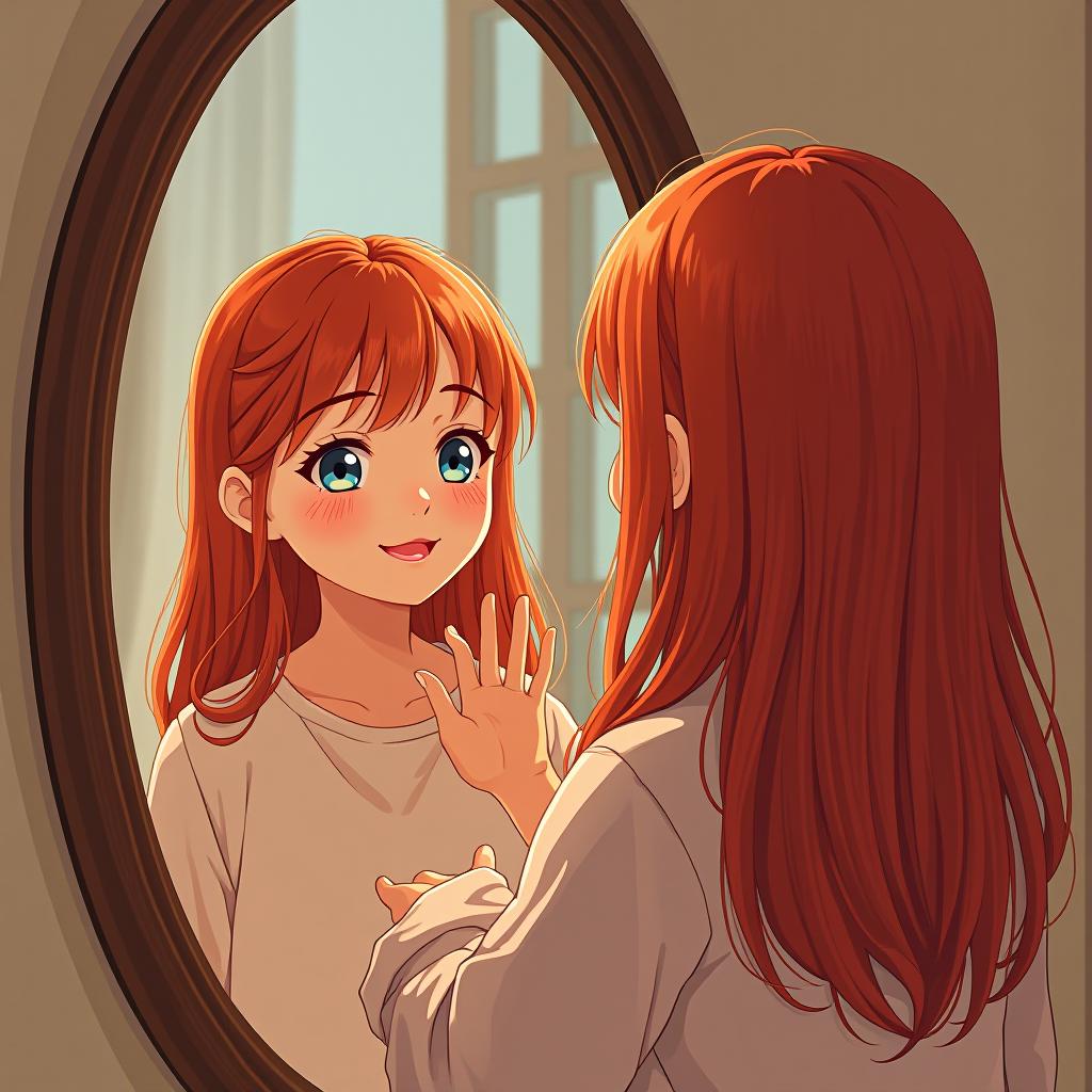  a girl with red hair is looking at her reflection in the mirror, facing away from the camera and smiling as she reaches out her hand towards her reflection.