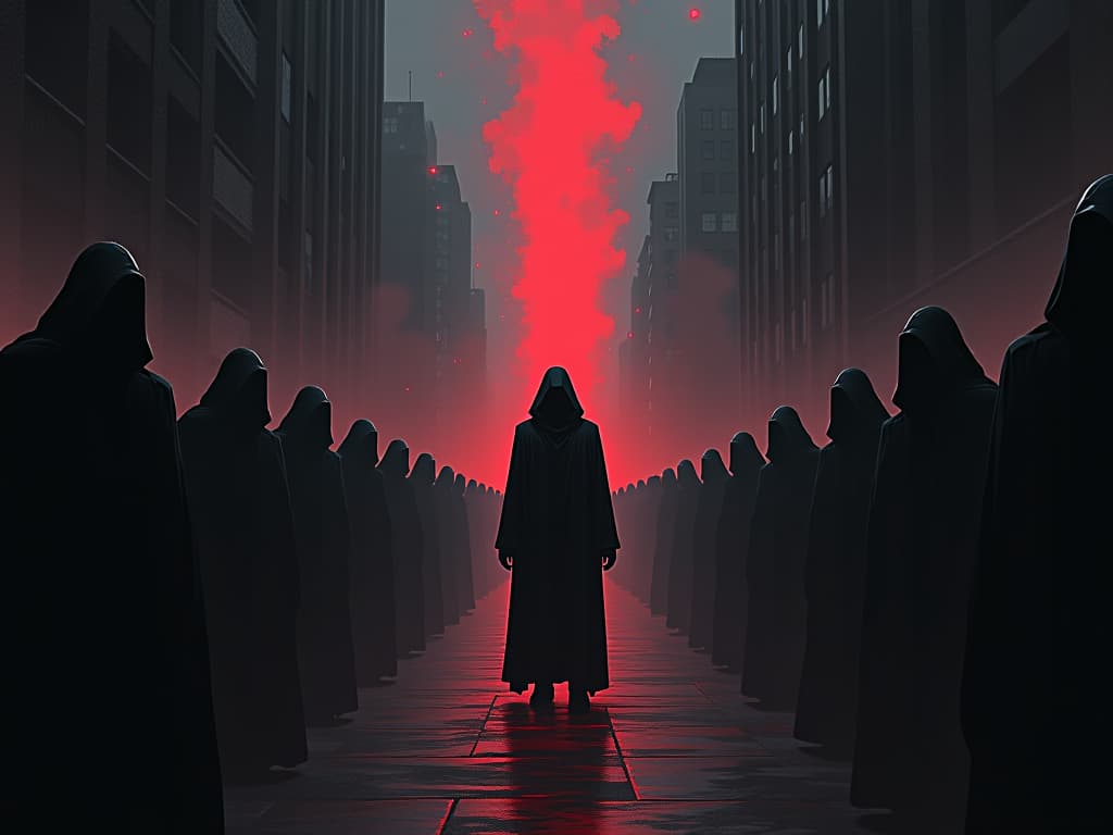  dark urban scene, central character isolated amidst busy streets, shadowed faces around, enveloped in a veil of judgment. the style is dark fantasy and mysterious occult, symbolic, moody lighting, esoteric vibe,high detail on character design. for the color scheme emphasize blacks and reds.