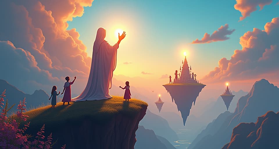  an otherworldly figure lifting smaller beings towards radiant, floating islands. glowing flora and bright sky, symbolizing collective ascent.. the style is digital art illustration,highly detailed, whimsical,magical, dreamlike atmosphere, realism and fantasy blend, smooth, glossy textures,luminous quality, wonder and enchantment.