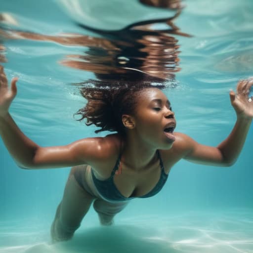 African woman in swimsuit drowning underwater