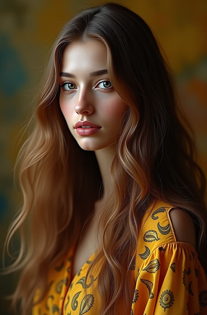  chica rizada de pelo largo artista, high quality high detail painting by lucian freud, hd, photorealistic lighting, style of van gogh hyperrealistic, full body, detailed clothing, highly detailed, cinematic lighting, stunningly beautiful, intricate, sharp focus, f/1. 8, 85mm, (centered image composition), (professionally color graded), ((bright soft diffused light)), volumetric fog, trending on instagram, trending on tumblr, HDR 4K, 8K