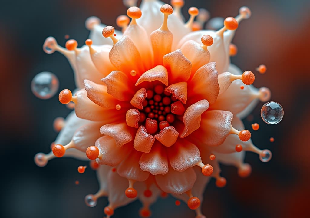  orange and white bubble clusters surround red center