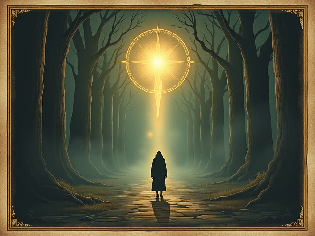  figure standing at the threshold, luminous path ahead, perceptive, stepping into higher dimensions. an illustration in the style of a worn, mystical old tarot trump card, mysterious and elements of surrealism. the colors are muted, somber and eerie, but with contrast bring out an occult and esoteric vibe.