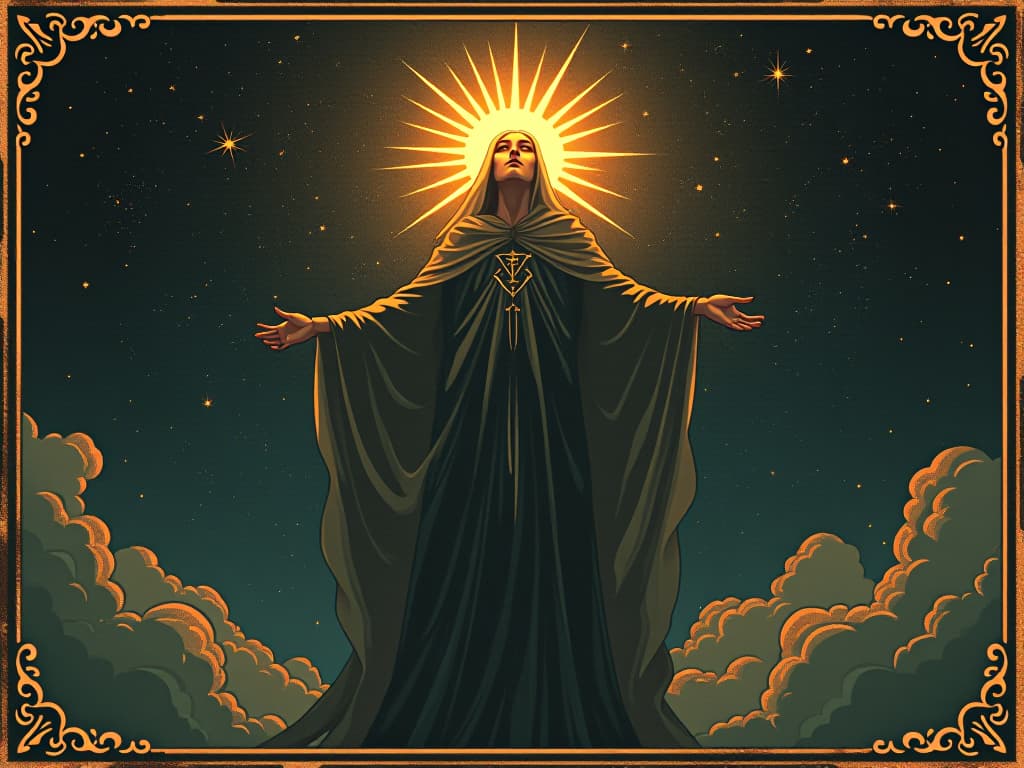  radiant figure with an aura of light, dark shadows receding, background of a starry night sky, feeling of dominance and purity. an illustration in the style of a worn, mystical old tarot trump card, mysterious and elements of surrealism. the colors are muted, somber and eerie, but with contrast bring out an occult and esoteric vibe.