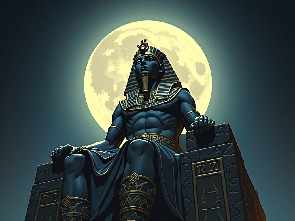  statue of a determined pharaoh, carved in stone, illuminated by the full moon, representing unyielding resolve and foundation for the future amid moon's radiance. the style is digital art illustration / modern comic book / mysterious occult, symbolic, esoteric vibe,high detail on character design, incorporating ancient egyptian symbology and attire.