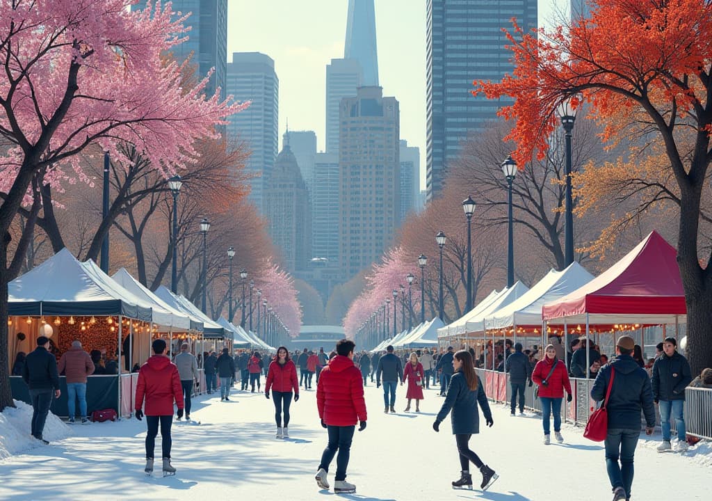  a vibrant collage showcasing toronto's seasonal activities, featuring cherry blossoms in high park during spring, lively street festivals in summer, colorful autumn foliage along the don valley, and a cozy winter scene with ice skaters at nathan phillips square, capturing the essence of the city's year round charm and activities. hyperrealistic, full body, detailed clothing, highly detailed, cinematic lighting, stunningly beautiful, intricate, sharp focus, f/1. 8, 85mm, (centered image composition), (professionally color graded), ((bright soft diffused light)), volumetric fog, trending on instagram, trending on tumblr, HDR 4K, 8K