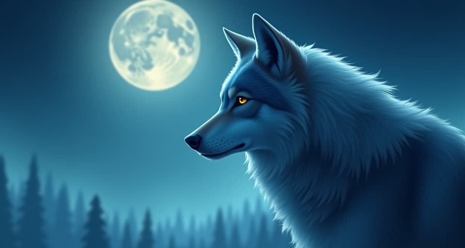  a mystical wolf under a moonlit sky, its gaze piercing and thoughtful. the tranquility of the surroundings contrasts with the wolf’s intense stare, symbolizing internal conflict and budding questions.. the style is digital art illustration,highly detailed, whimsical,magical, dreamlike atmosphere, realism and fantasy blend, smooth, glossy textures,luminous quality, wonder and enchantment.