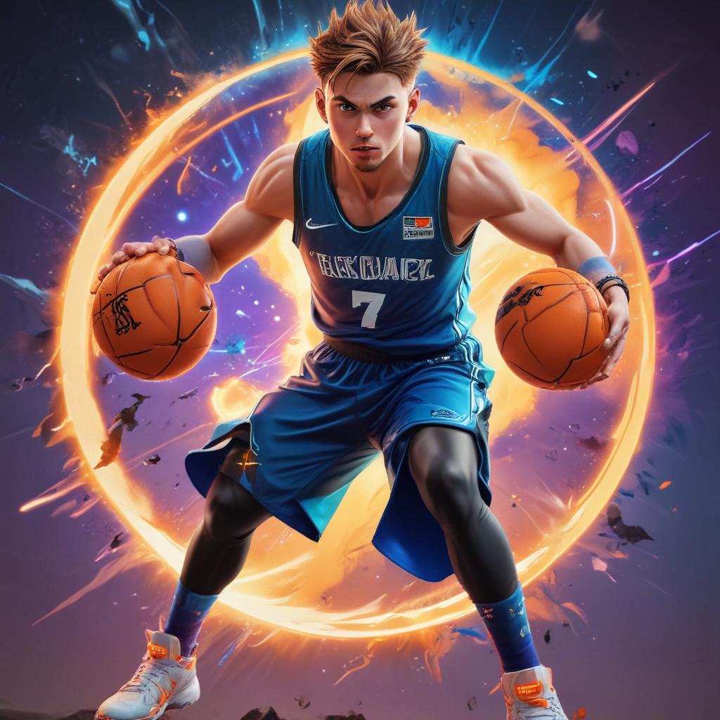 distance-shot, flashy, full-body, dynamic, holographic, animated cartoon poster of luka doncic in the style of dragon ball super