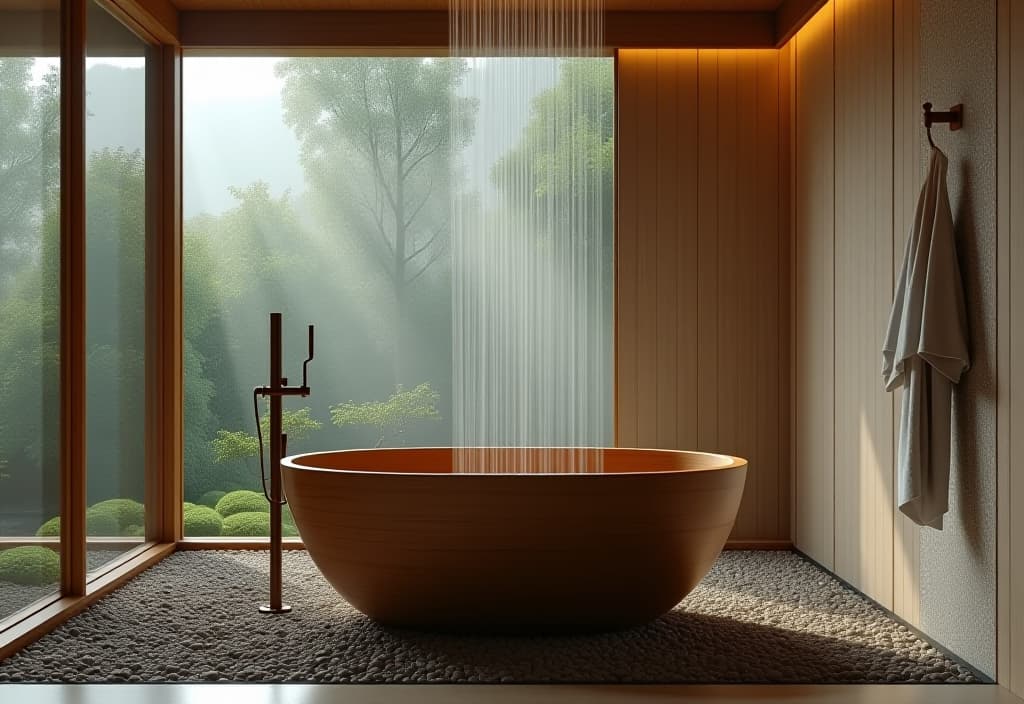  a landscape photo of a japanese inspired shower room with a freestanding wooden soaking tub, pebble floor, and a minimalist rain shower, surrounded by shoji screens and featuring a small indoor zen garden hyperrealistic, full body, detailed clothing, highly detailed, cinematic lighting, stunningly beautiful, intricate, sharp focus, f/1. 8, 85mm, (centered image composition), (professionally color graded), ((bright soft diffused light)), volumetric fog, trending on instagram, trending on tumblr, HDR 4K, 8K