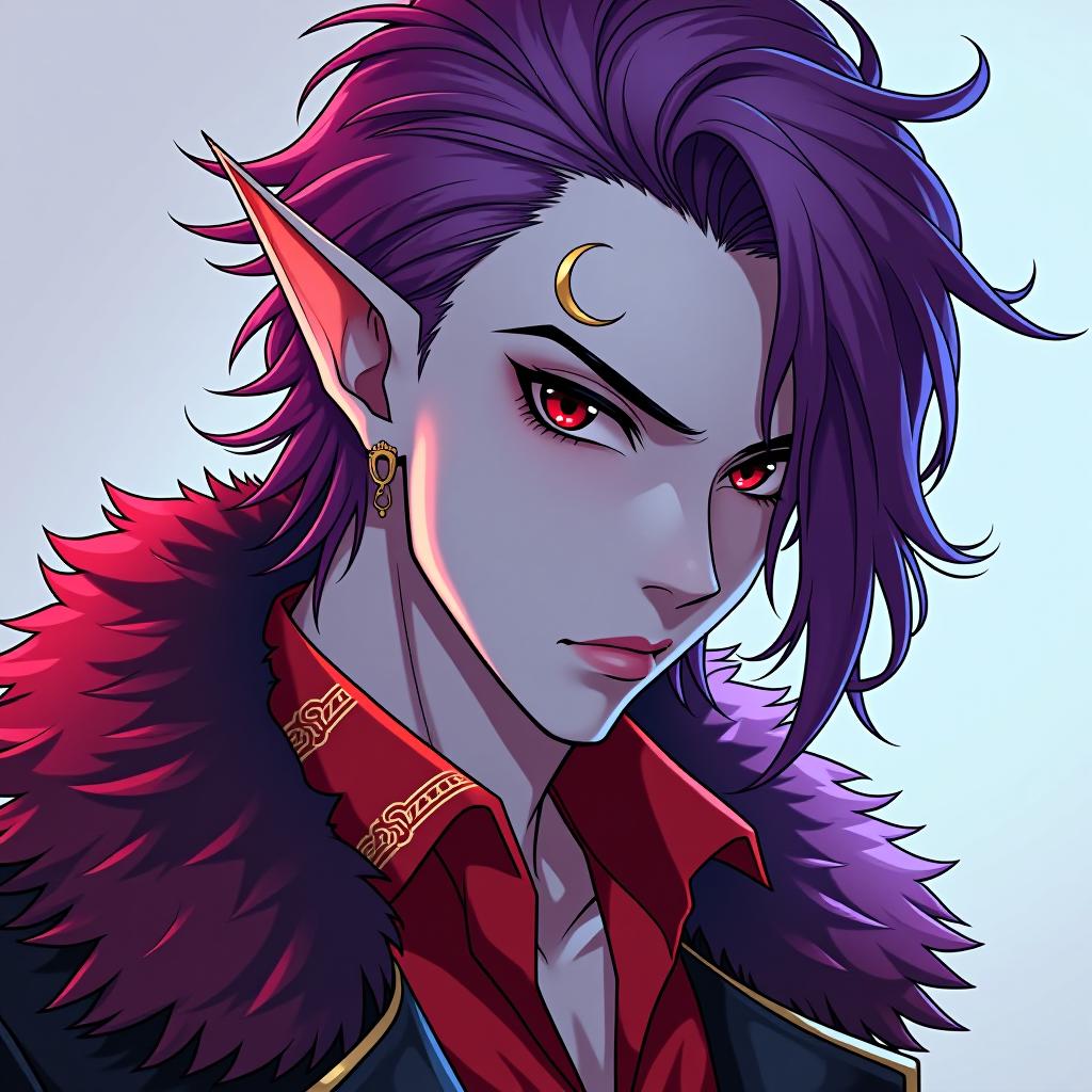  manga style dark elf male rock performer marble white skin, purple scarlet hair, lavender eyes with a red tint, dressed in a red violet shirt embroidered with red gold over the shirt wears a leather coat with a fur collar of dark scarlet, hairstyle in the style of hedgehog hair. an earring in the right ear, in the shape of a month. the crescent moon tattoo . vibrant, high energy, detailed, iconic, japanese comic style hyperrealistic, full body, detailed clothing, highly detailed, cinematic lighting, stunningly beautiful, intricate, sharp focus, f/1. 8, 85mm, (centered image composition), (professionally color graded), ((bright soft diffused light)), volumetric fog, trending on instagram, trending on tumblr, HDR 4K, 8K